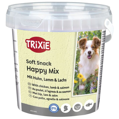Trixie Soft Snack Happy Mix dog treats with chicken, lamb and salmon, 500g tub, front of pack
