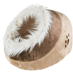 Trixie Minou Cat Cave in beige and brown, side view showing paw print and fluffy trim