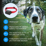 PetSafe Stubborn Dog collar features: waterproof, 9V battery not included, fits necks 15 cm to 71 cm, 4 levels plus tone and vibration