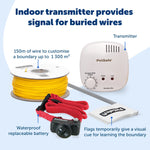 PetSafe Basic In-Ground Fence components: indoor transmitter, 150 m of wire, waterproof collar with replaceable battery and flags