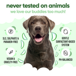 Buddycare shampoo never tested on animals: SLS, sulphate and paraben free, vegan, cruelty free, pH balanced