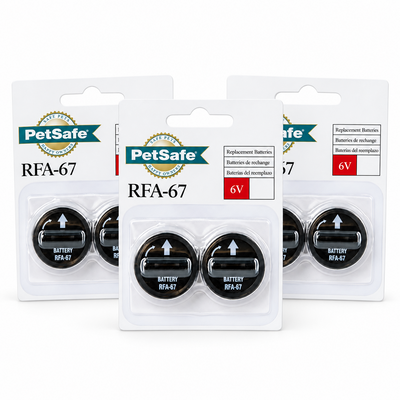 Three packages of PetSafe RFA-67 6V replacement batteries shown side by side on a white background.