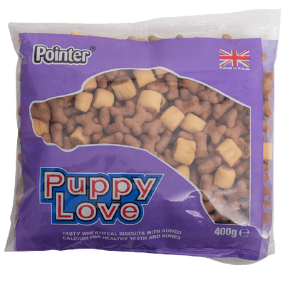 Dog Section > Biscuits, Treats & Chews > Pointer Display & Pre-Pack Treats < Previous Product Code| Next Product Code > POINTER PUPPY LOVE 400G