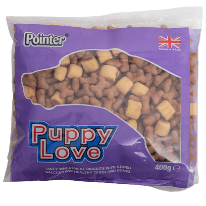 Dog Section > Biscuits, Treats & Chews > Pointer Display & Pre-Pack Treats < Previous Product Code| Next Product Code > POINTER PUPPY LOVE 400G