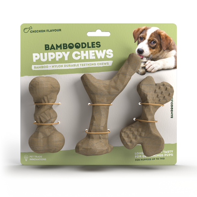 Bamboodles Puppy Chews 3 pack with I bone, Y bone and X bone in retail pack