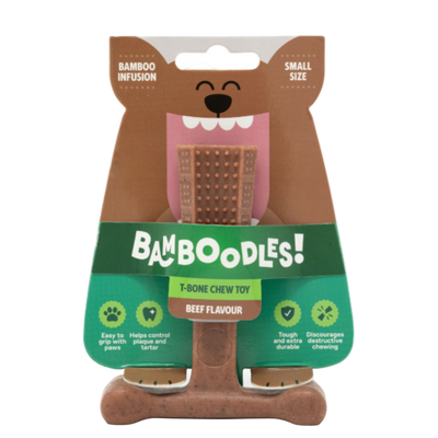 Bamboodles T-Bone Chew Toy, Beef flavour, current pack design, small size shown