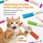 Catit Creamy hydrating lickable cat treat tubes with a ginger cat, made with real fish and taurine