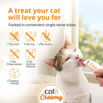 Cat licking a Catit Creamy tube: no corn, no soy, no grains, no preservatives, no artificial flavours