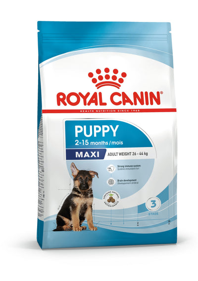 Royal Canin Maxi Puppy dry dog food bag for large breed puppies 2 to 15 months, front of pack