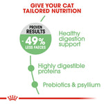 Royal Canin Digestive Care benefits: healthy digestion support, highly digestible proteins, prebiotics and psyllium, 49% less faeces