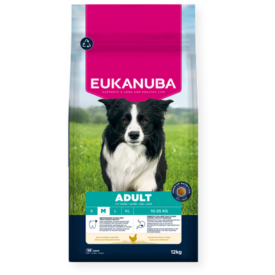 Eukanuba Adult Medium Breed Rich in Fresh Chicken dry dog food 12kg, front of pack