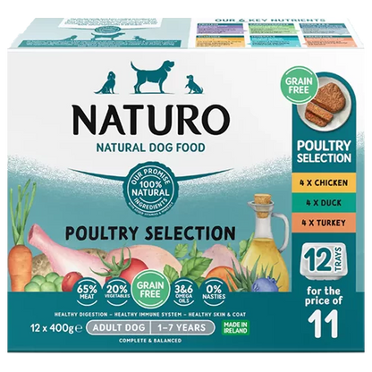 Naturo Adult Dog Grain Free Poultry Selection Variety Pack Trays 400g x 12