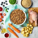Naturo Adult Duck with Rice & Vegetables served in a bowl with duck, brown rice, carrots, peas and potato