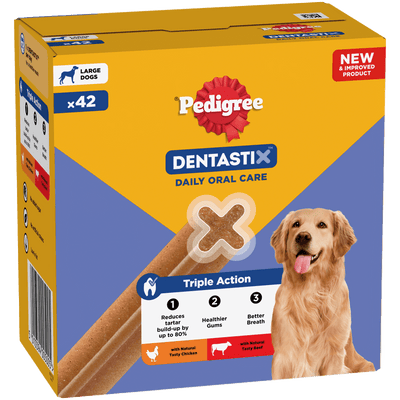 Pedigree Dentastix Daily Oral Care for large dogs, 42 stick pack, front of box