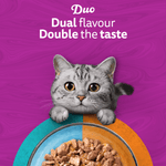 Whiskas Duo dual flavour, double the taste, cat with bowl of food in jelly