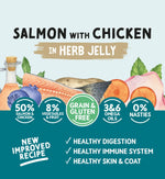 Wet dog food tin with salmon, chicken, and herb jelly