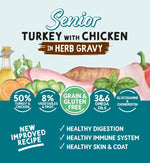 Grain-free senior dog food with turkey, chicken, and herb gravy