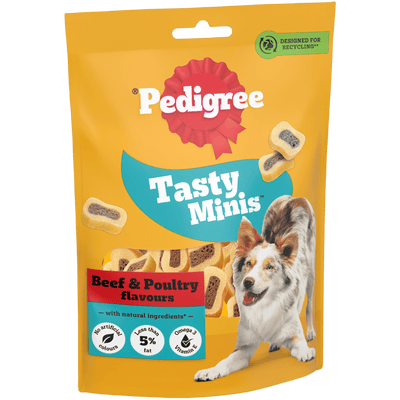 Pedigree Tasty Minis Beef & Poultry Chewy Slices 155g adult dog treats, front of pack