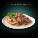 Sheba finely sliced poultry pieces in gravy served on a plate