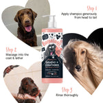 How to use Bugalugs Luxury 2 in 1 Dog Shampoo: apply head to tail, massage and lather, rinse thoroughly