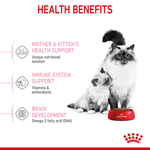 Royal Canin Mother and Babycat health benefits: mother and kitten health, immune system support, brain development with DHA