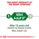 Royal Canin Mini Adult 8+ from 8 to 12 years, then switch to Mini Adult 12+