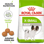 Royal Canin X-Small Adult bag with key benefits: healthy transit, adapted kibble size