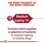 Dog food packaging label for medium-aged dogs over 10 years old