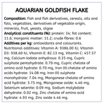Aquarian Goldfish Flake Food composition, analytical constituents and additives panel