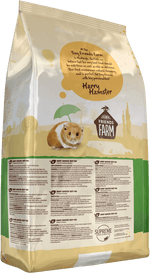 Tiny Friends Farm Harry Hamster Tasty Mix bag, back of pack with ingredients and feeding guide