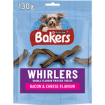 Bakers Whirlers Bacon and Cheese Flavour Dog Treats 130g pack, front