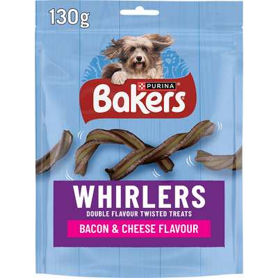 Bakers Whirlers Bacon and Cheese Flavour Dog Treats 130g pack, front