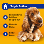 Pedigree Dentastix Triple Action: reduces tartar build up by up to 80%, healthier gums, better breath