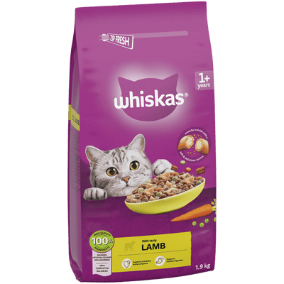 Whiskas 1+ Adult Dry Cat Food with Lamb 1.9kg bag, front of pack